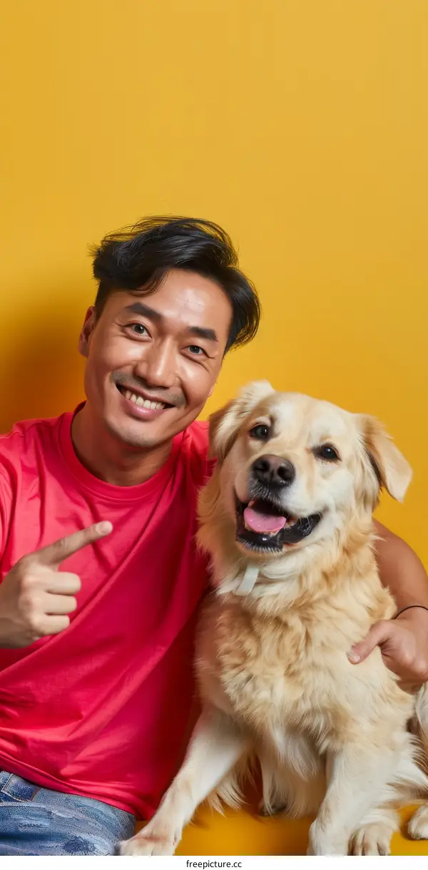 Asian man with a golden retriever dog