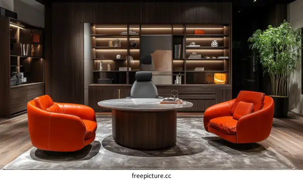 Modern Executive Office Lounge Area with Orange Leather Chairs