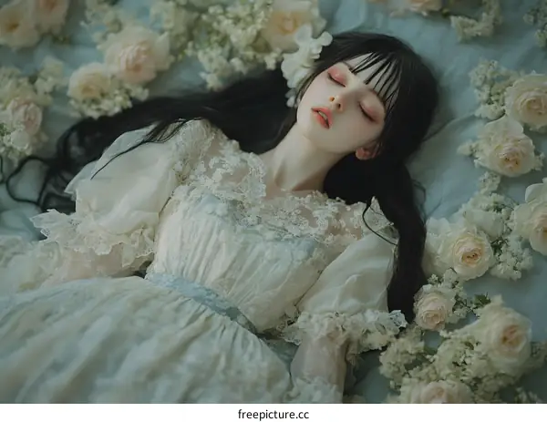 Sleeping Beauty in a Garden of White Flowers