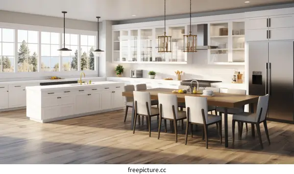 Large bright white kitchen with island and hardwood floors