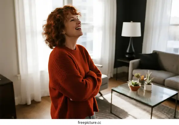 A woman with curly red hair standing in a bright living room with arms crossed and smiling