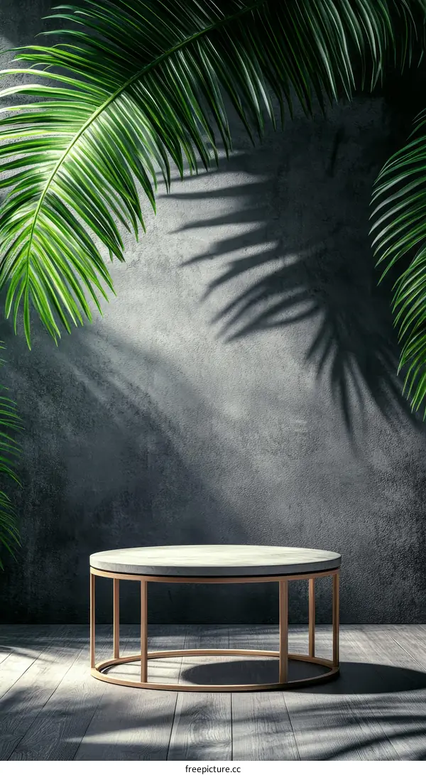 Modern Concrete Coffee Table Against Gray Wall with Palm Leaf Shadows