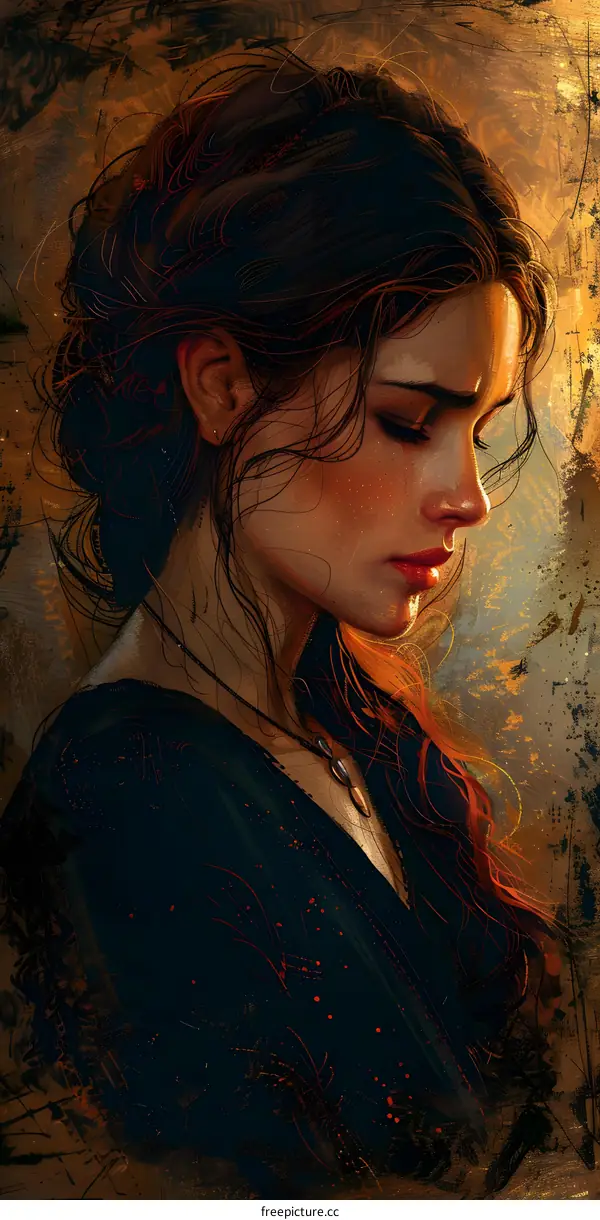 Portrait of a Woman with Long Hair and Sad Eyes