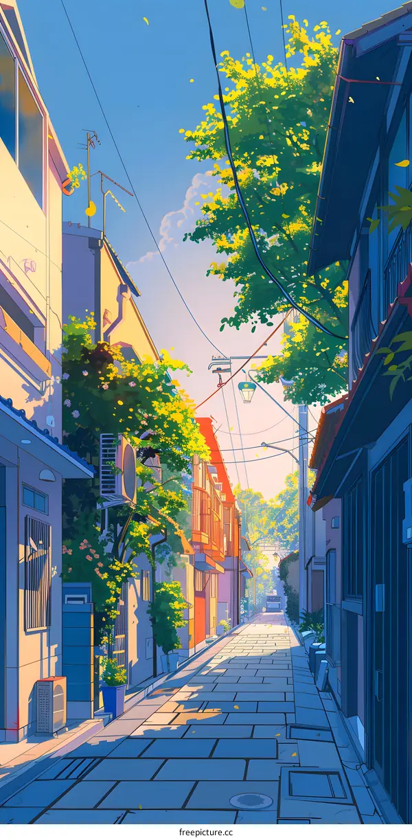 A Serene Japanese Street Bathed in Golden Hour Sunlight