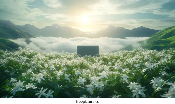 Mountain Meadow of White Flowers at Sunrise