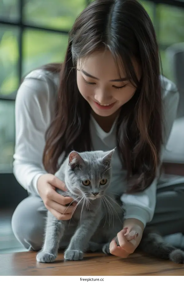 A young woman is playing with a gray cat on the floor.