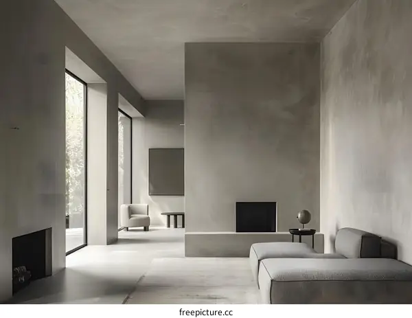 Minimalist Living Room with Fireplace and Large Windows