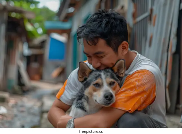 A man and his dog are sitting on the street