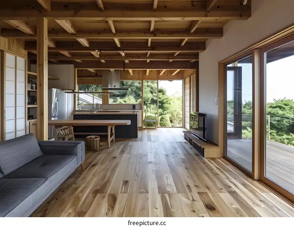 Modern Japanese Style Living Room with Wooden Beams and Floor