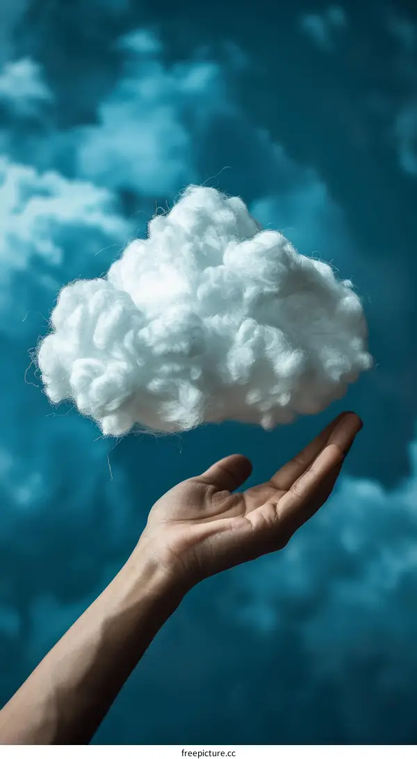 Hand holding a cotton cloud against a blue sky background