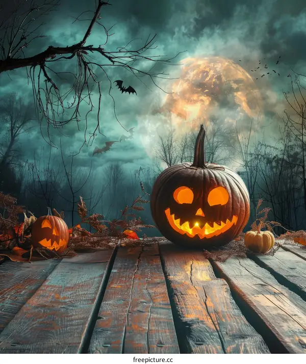 Halloween pumpkins in a spooky forest