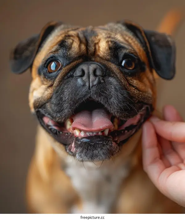 pug dog smiling with human hand