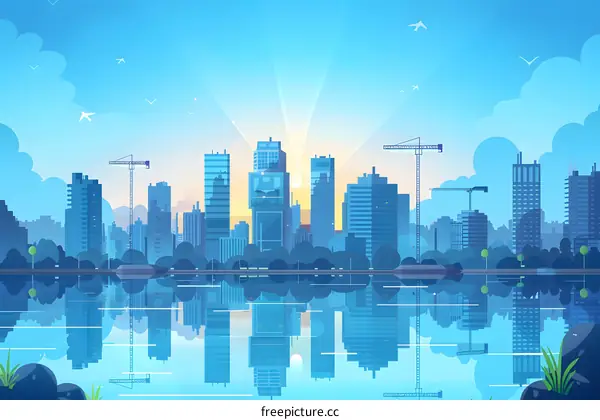 Sunrise Over Modern City Skyline With Reflections In Water