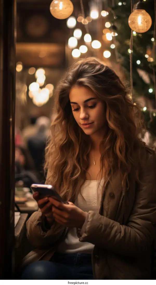 Young woman looking at her phone in a cafe