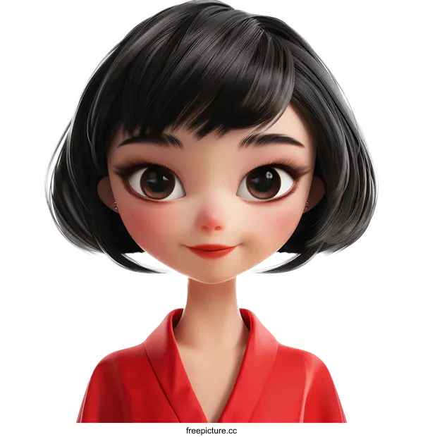 [Transparent Background PNG]Smiling Cartoon Girl with Red Shirt and Black Hair
