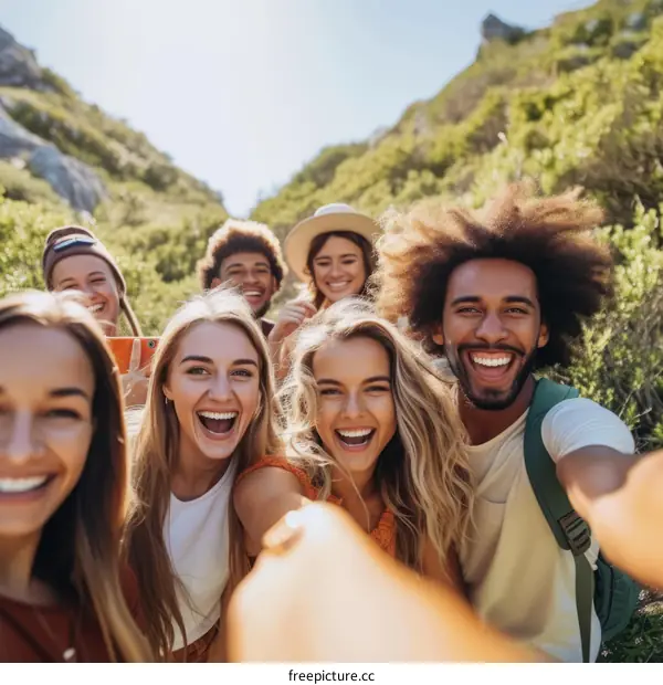 A group of diverse friends taking a selfie in the mountains