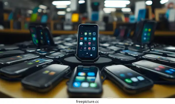 Many Black Smartphones On A Wooden Table With A Single Smartphone In Focus