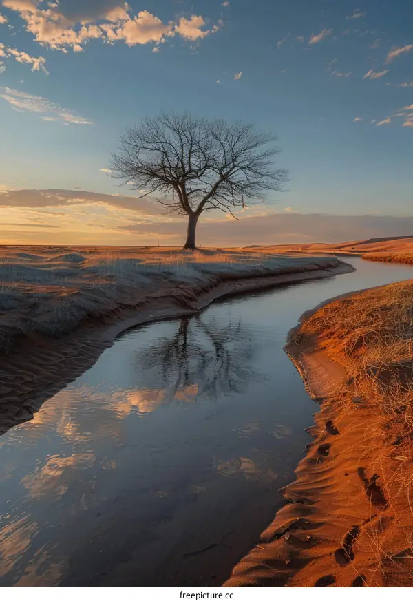 A river flows through a desert landscape with a large tree in the foreground and a setting sun in the background