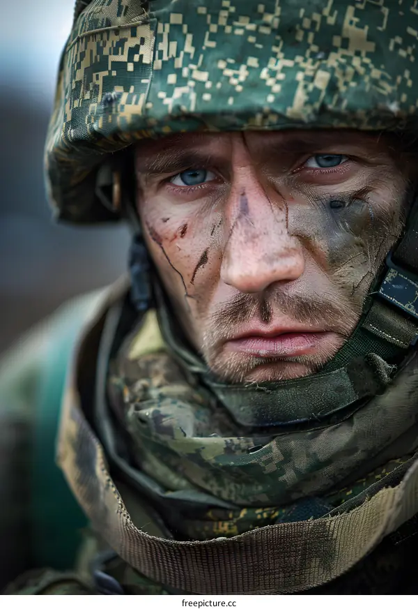 Portrait of a soldier with camouflage on his face