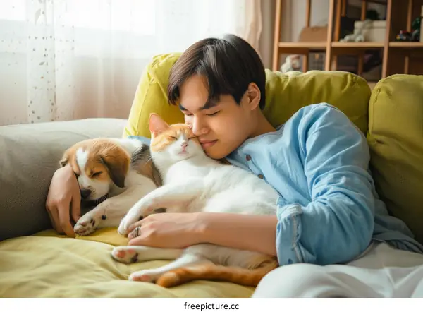 A young man is lying on a couch with a cat and a dog.