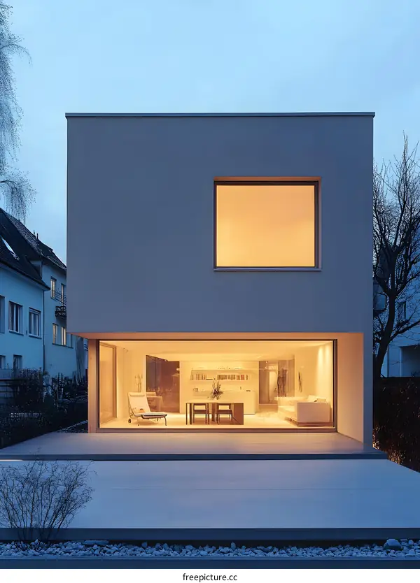 Modern House with Large Window at Dusk
