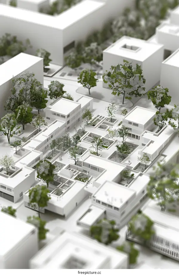 White Minimalist Model of Modern Cityscape with Trees