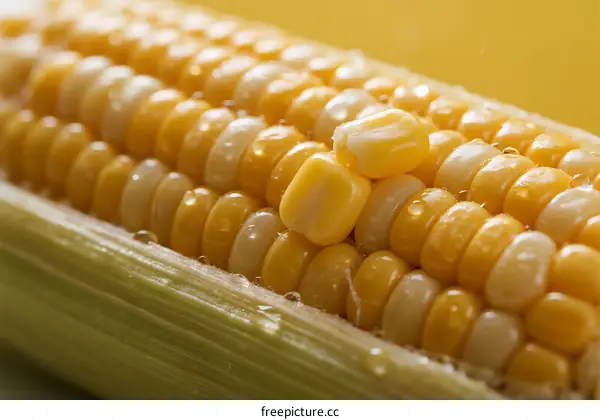 Close-up view of fresh corn kernel on yellow background