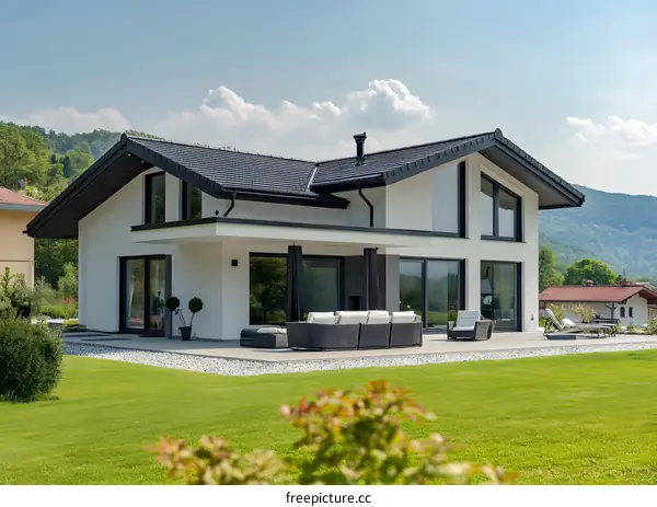 Modern White House with Black Roof and Patio