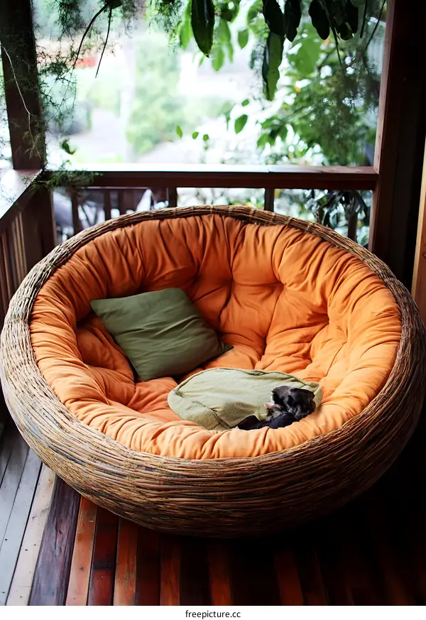 Cozy Wicker Chair with Cushions and a Dog Sleeping