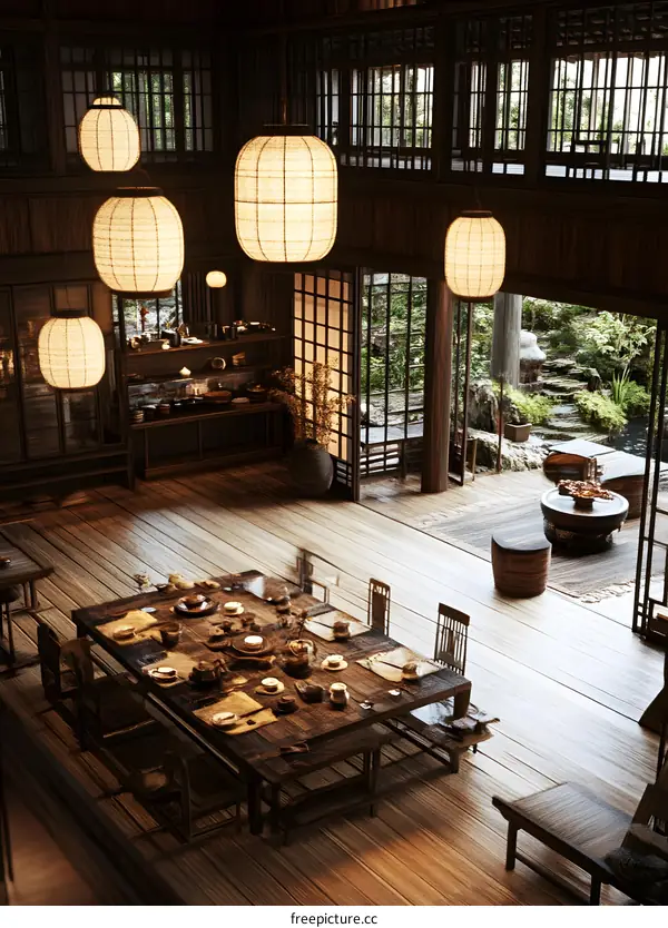 Japanese Style Interior Design With Wooden Table and Chairs