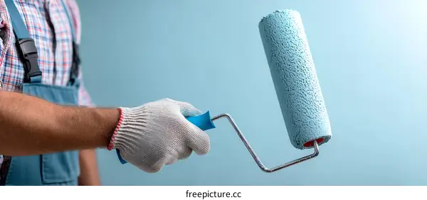 Worker Painting a Wall with Paint Roller