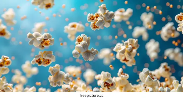 A handful of popcorn is suspended in mid air against a blue background