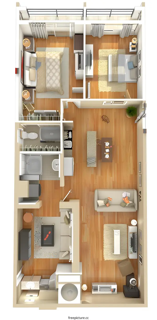 2 Bedroom Apartment Floor Plan with Bathroom and Living Room