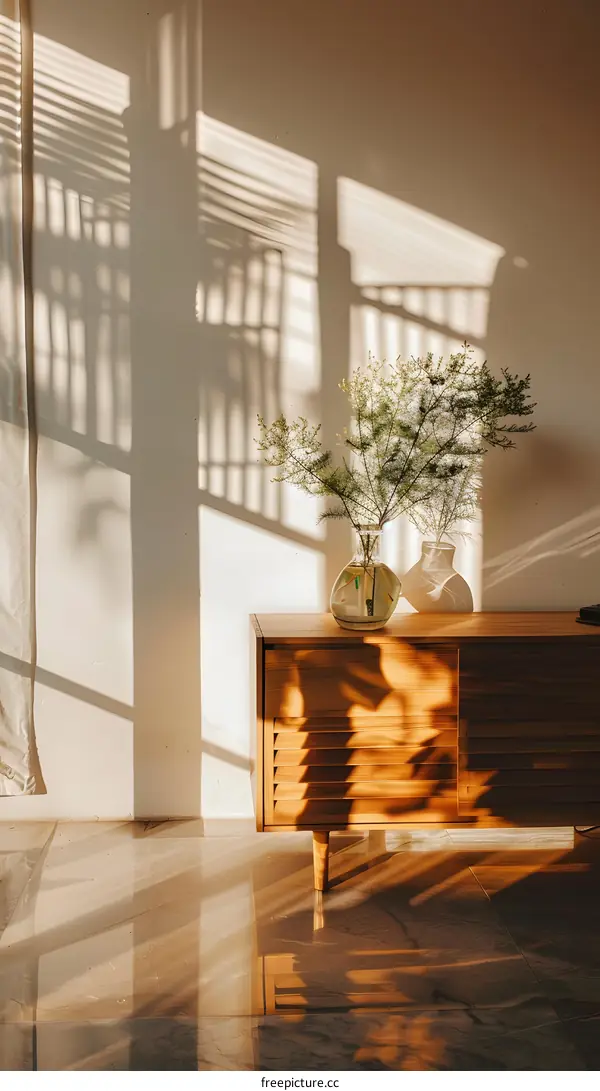 Sunlight Streaming Through Blinds and Casting Shadows on Wooden Cabinet with Flowers in Vases