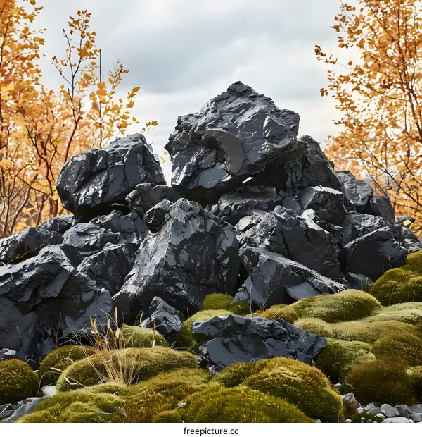 Black Rocks and Green Moss in Autumn