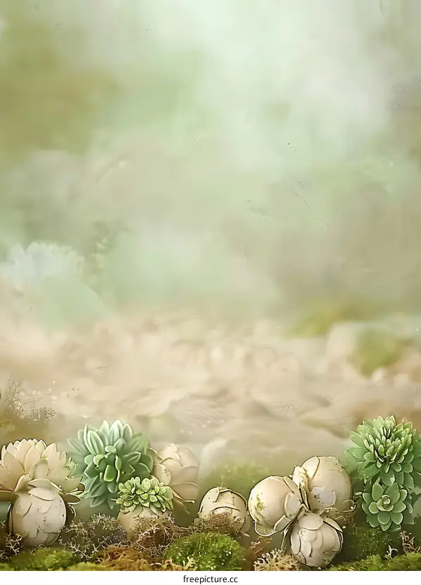Green Succulents On Mossy Ground In A Dreamy Background