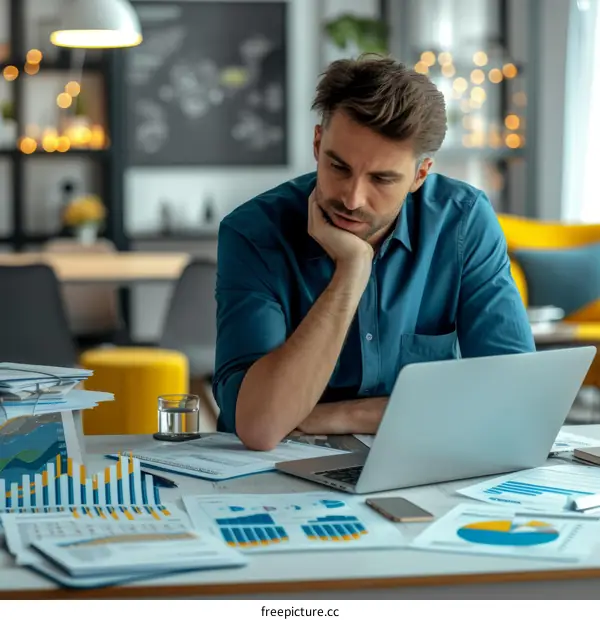 pensive man looking at laptop surrounded by paperwork
