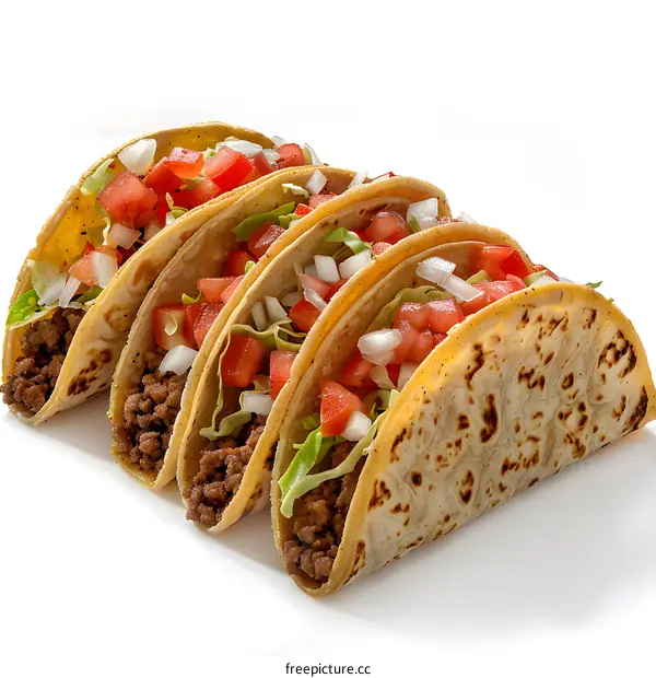 Four Ground Beef Tacos with Tomatoes Lettuce and Onion