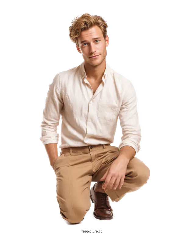 [Transparent Background PNG]Handsome Caucasian Man in Beige Linen Shirt and Tan Trousers