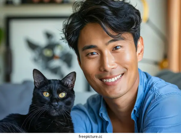 A smiling Asian man with a black cat