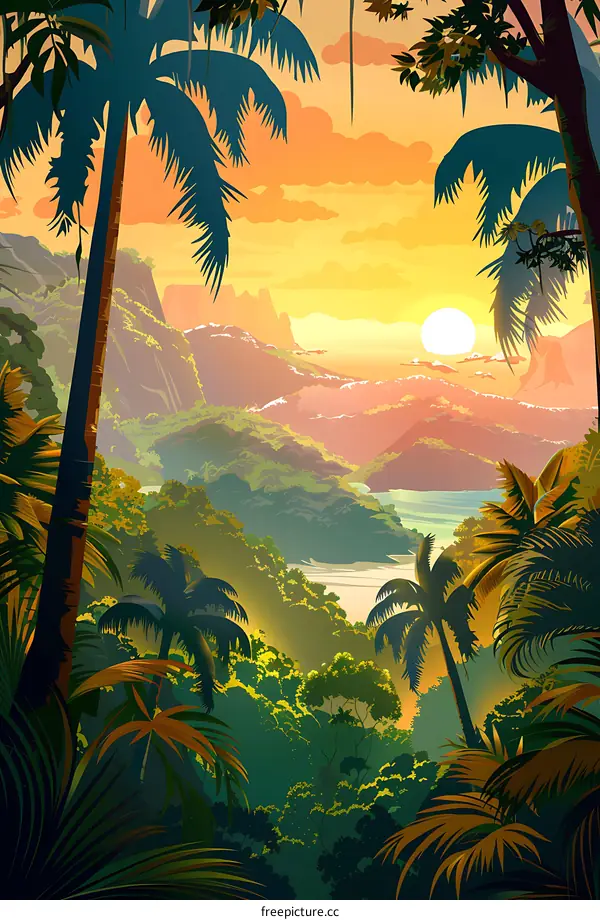 Tropical Sunset Landscape with Palm Trees and Mountains