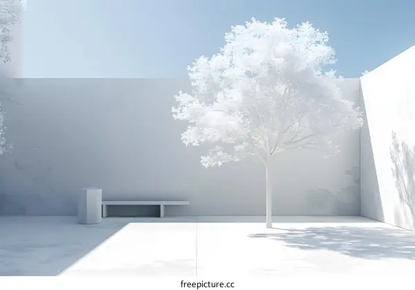 Minimalist White 3D Rendered Scene with a Tree and Bench