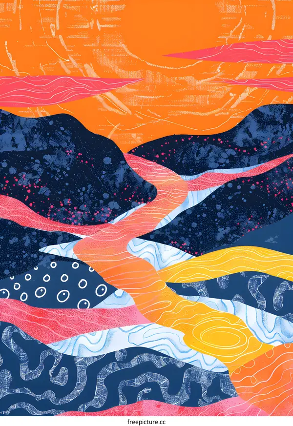 Abstract Landscape with Orange Sky and Colorful Hills