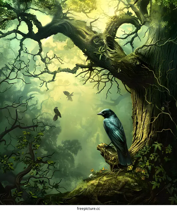 Fantasy Forest with Birds and a Large Tree