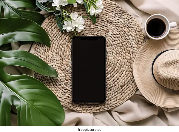 Blank Phone Screen Mockup on Woven Mat With Plants and Hat