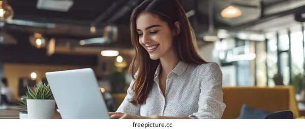 Smiling Woman Working on Laptop in Office