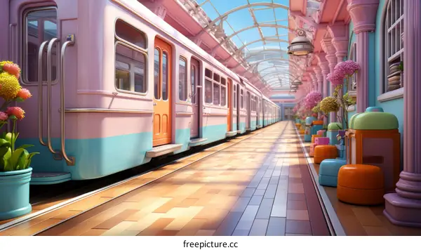 Pink and Blue Train Station with Glass Roof and Long Platform