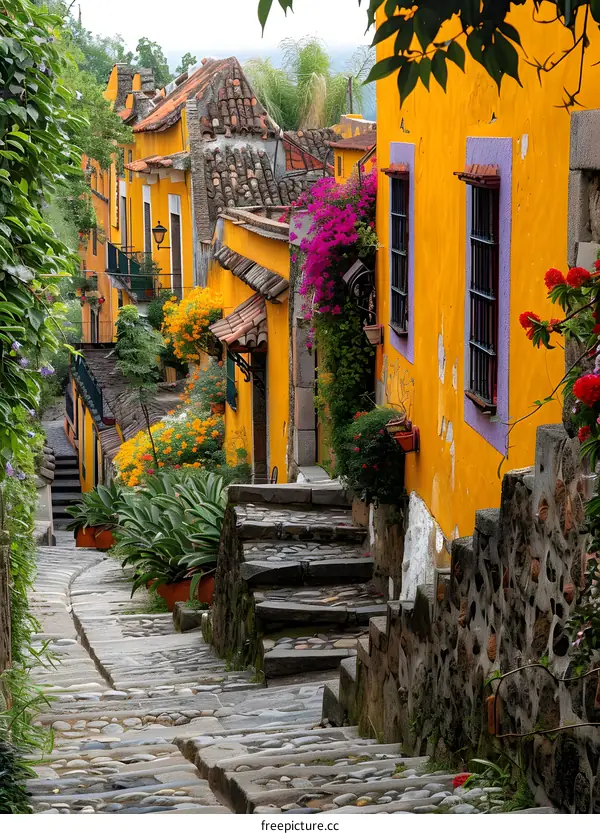 Cobblestone Steps Leading Up to Yellow Houses
