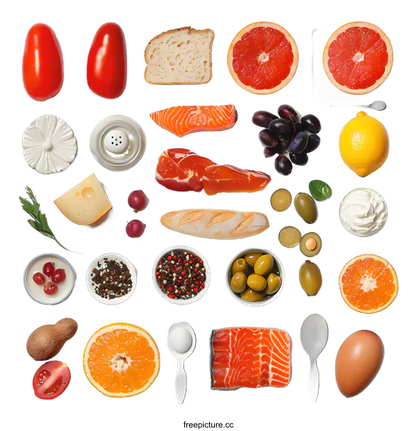 [Transparent Background PNG]Food Composition with Salmon, Bread, and Citrus Fruits