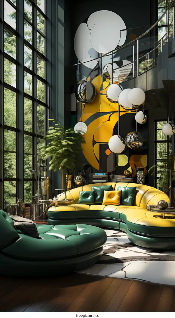Modern Living Room Design with Green and Yellow Accents and Expansive Windows